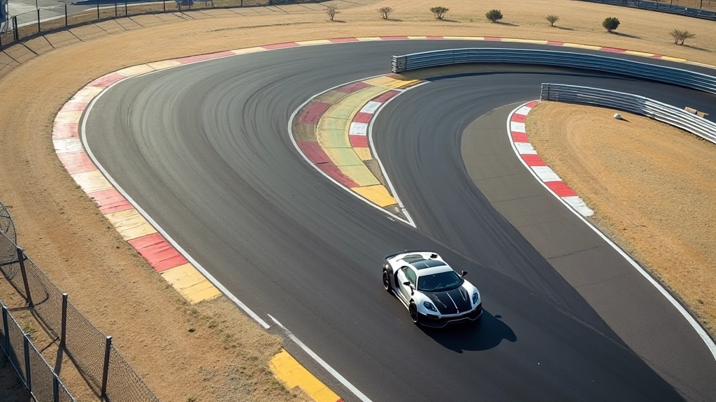 Wide overhead view of race track with curved corner sections, asphalt surface markings, bright daylight, multiple track lines visible