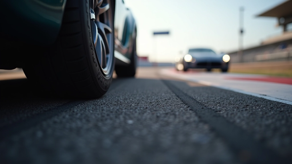 Close-up of performance car tires on asphalt track, racing compound rubber, clear tire details, bright overhead lighting