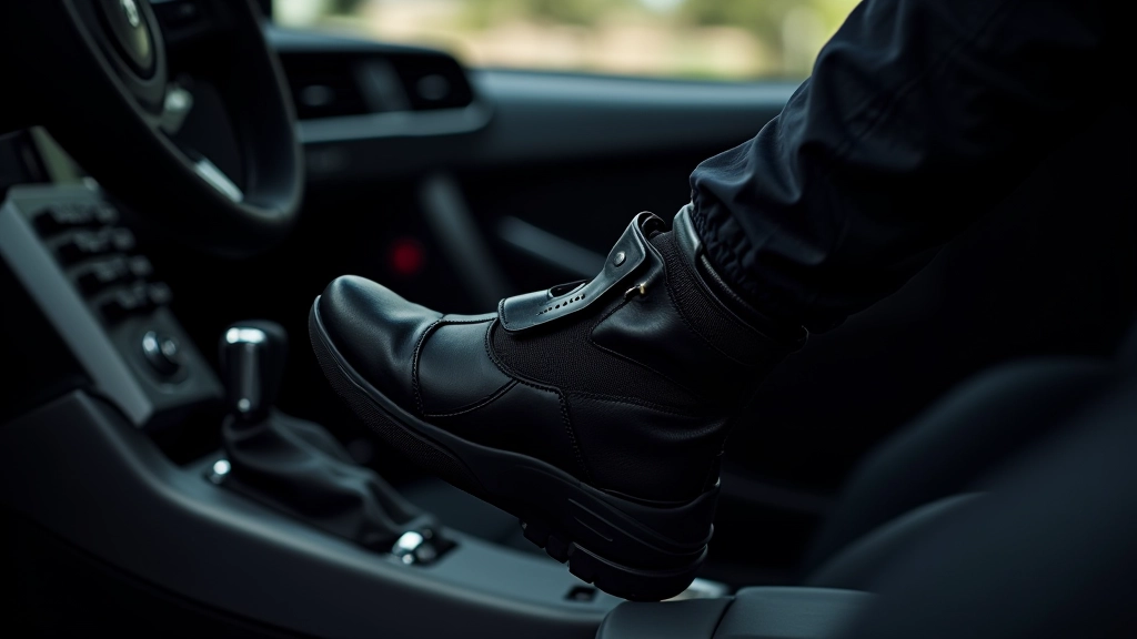 Close-up of driver's right foot on brake pedal, precision movement, racing boots visible