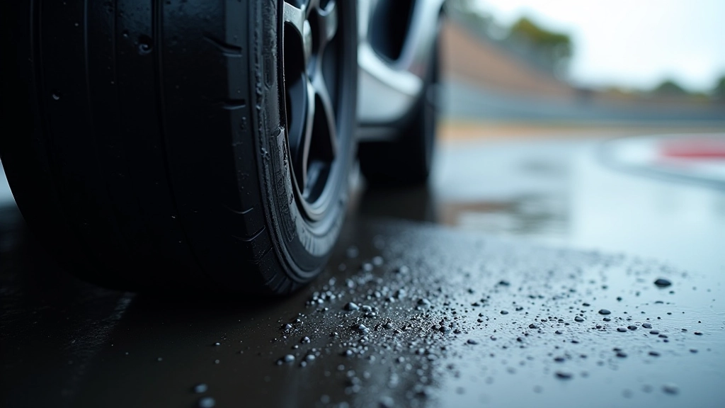 Tire grip demonstration on wet asphalt track surface, water beading, close-up detail photography