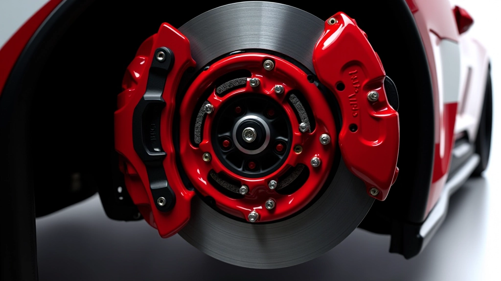 Full brake system assembly with rotors, calipers, and pads installed on race car