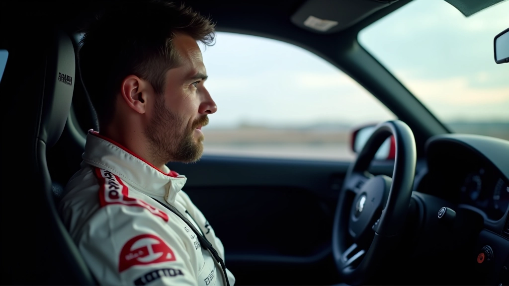 Professional driver gripping steering wheel during high-speed turn, focused expression, modern sports car interior