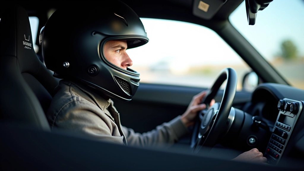 Driver hands on racing wheel, focused expression, helmet visible, cockpit view, sharp detail