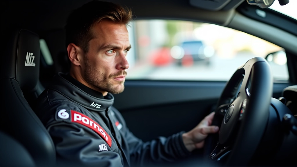 Driver in racing suit inside performance car cockpit, hands on steering wheel, focused expression, bright daylight through window