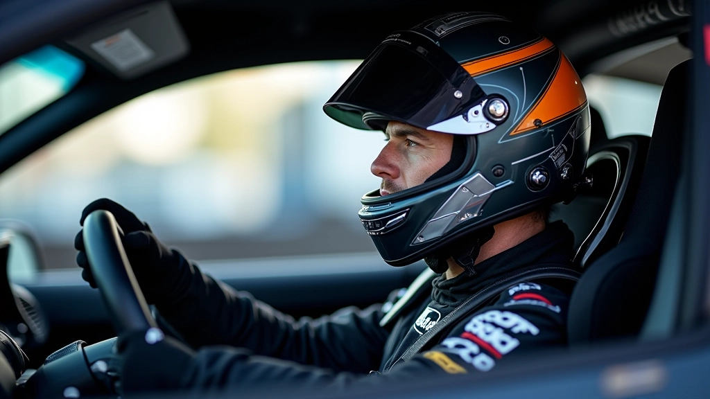 Driver in racing suit and helmet sitting in sports car cockpit, hands on steering wheel, focused expression, professional motorsport photography