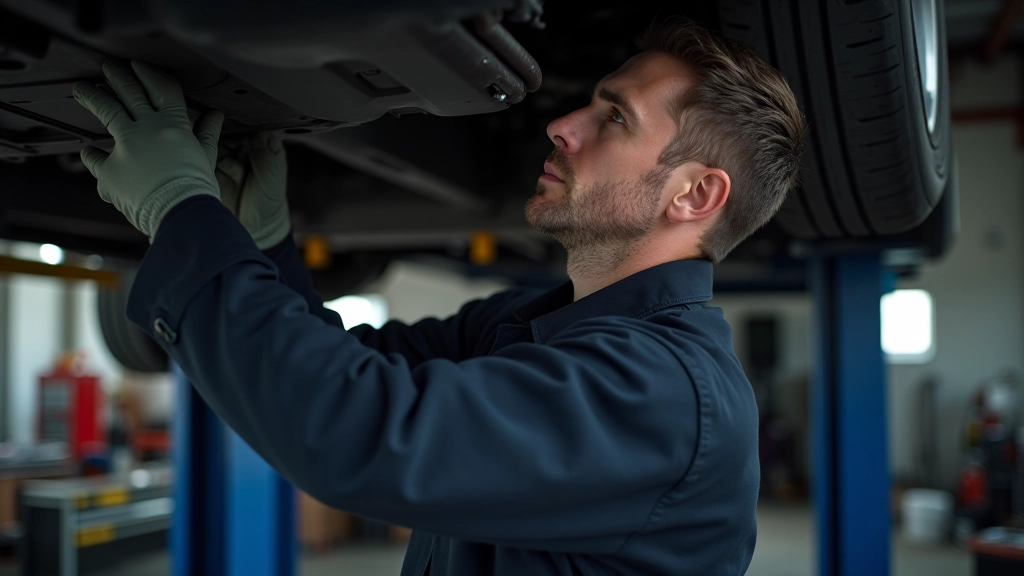Mechanic inspecting brake system components on lifted vehicle, workshop setting with diagnostic equipment visible