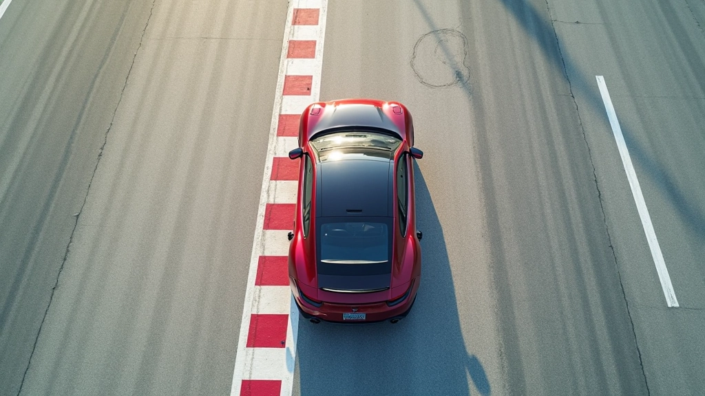 Racetrack corner layout from above, apex marking, racing line visualization on asphalt