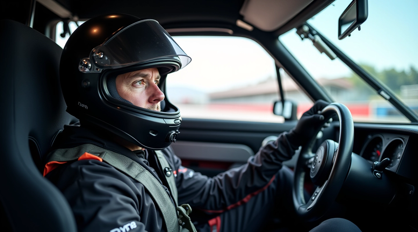 Professional race car driver in high-performance vehicle on track, intense focus, cockpit perspective
