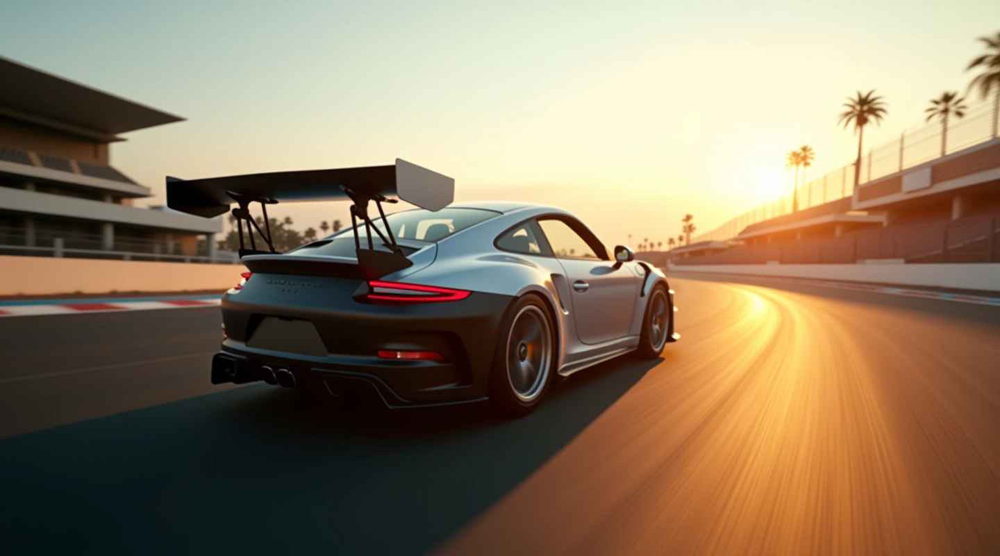 Professional race car on track with motion blur, morning light, high-speed perspective