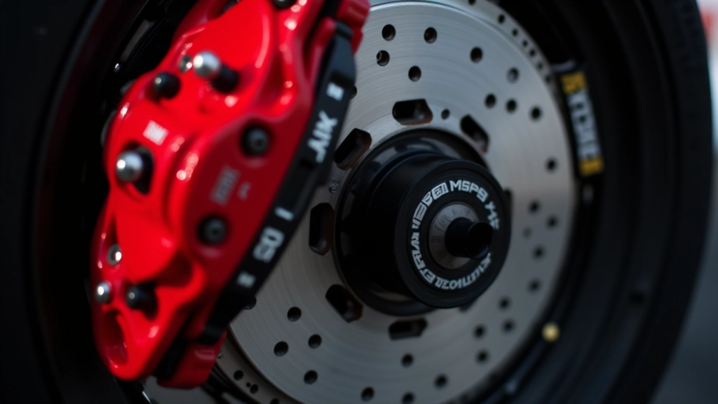 Racing brake system with performance calipers and rotors, close-up detail of mechanical components