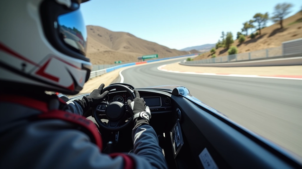Racing driver in corner, car leaning through turn, track environment, motion capture, clear view