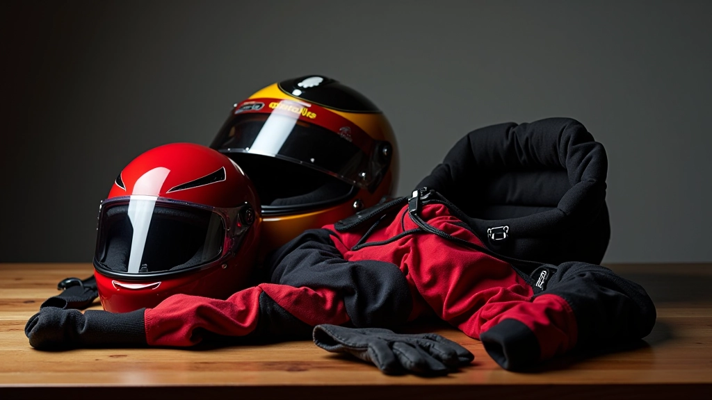 Racing helmet on wooden table with racing suit draped beside it, protective gloves and neck collar arranged neatly, studio lighting