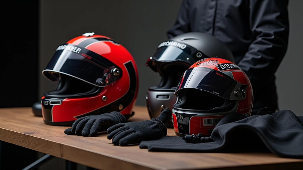 Safety equipment on table: helmet, racing suit, gloves, safety kit, professional arrangement, clear lighting